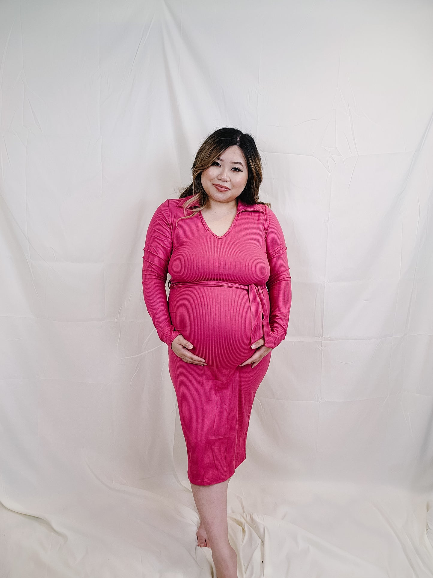 Collared Long Sleeve Dress HOT PINK