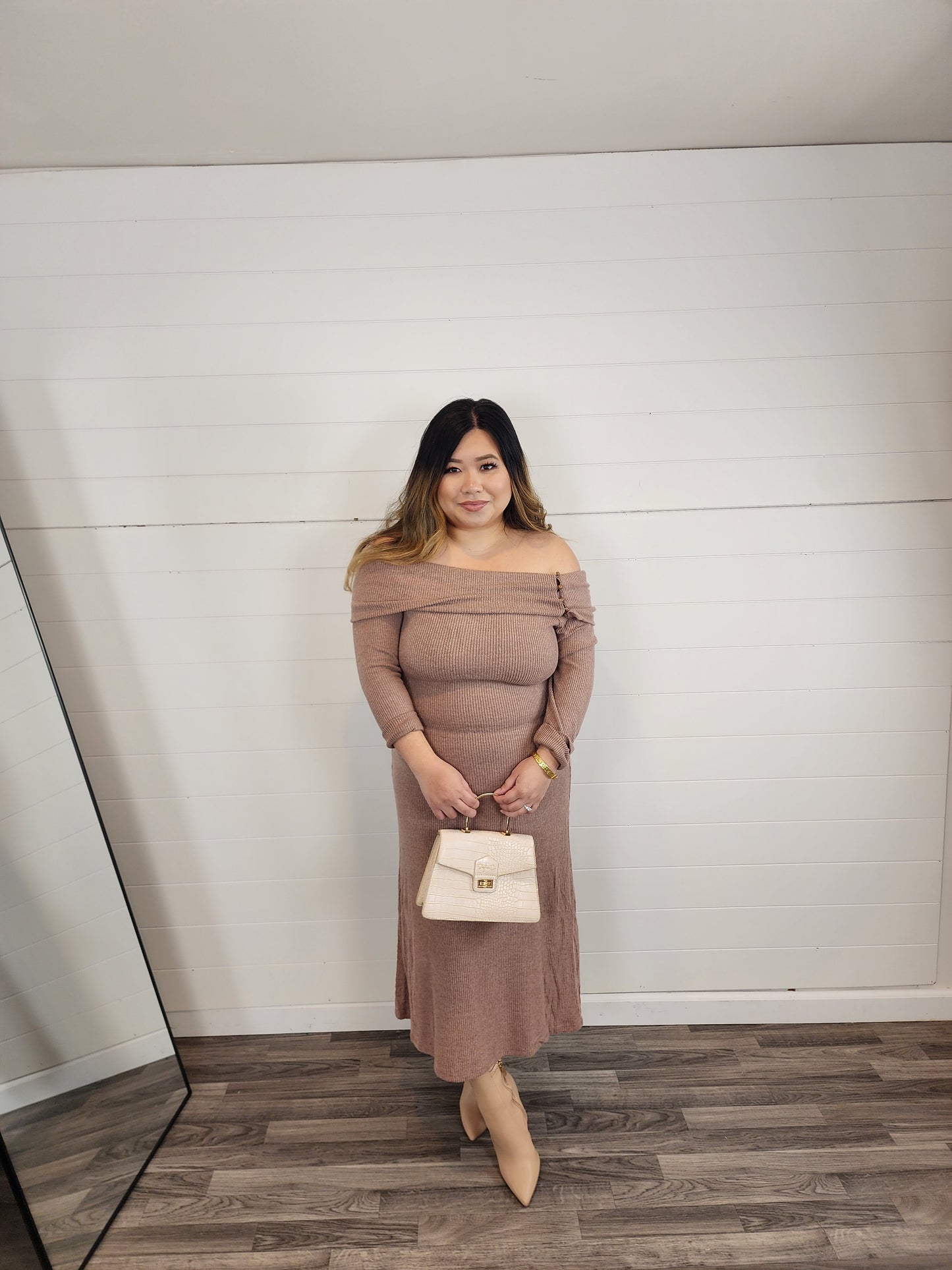 Off Shoulder Sweater Dress Mocha