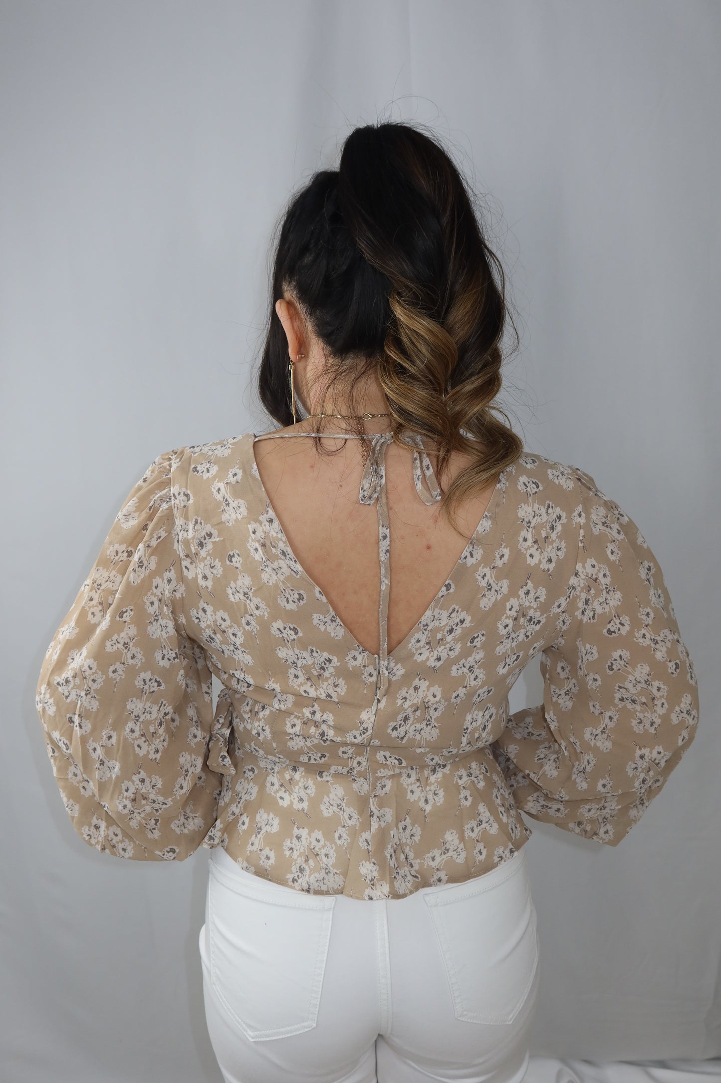 Floral Zipper Tie Blouse CREAM