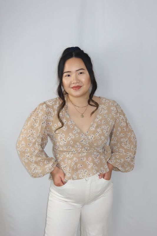 Floral Zipper Tie Blouse CREAM